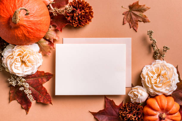 blank card, autumn pumpkins and flowers
