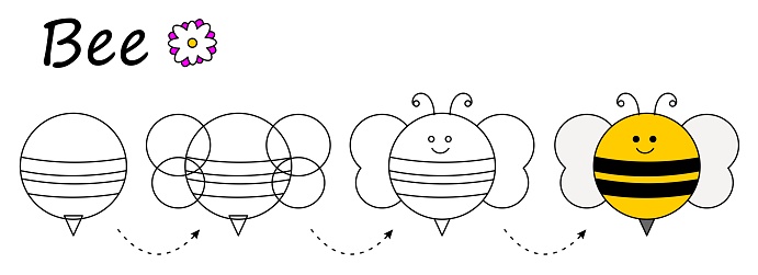 worksheet for step by step drawing a bee. teaching basic drawing. Children's coloring, draw a bee. Easy educational game for children of preschool and primary school age