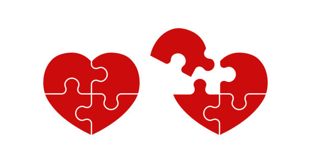 ilustraciones, imágenes clip art, dibujos animados e iconos de stock de icono de corazón de rompecabezas. símbolo del rompecabezas. signo de amor logotipo vector plano. - paper match