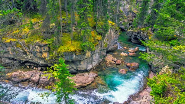 Maligne Canyon is a natural feature located in the Jasper National Park near Jasper, Alberta, Canada. It is over 50 meters deep in many areas along its length.