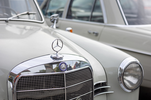 Fulda, Germany - May 9, 2013: silver gray grey Mercedes-Benz 300SL cabrio roadster retro car