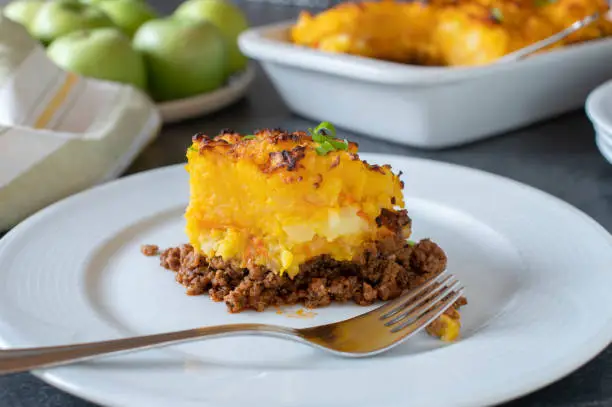 Delicious homemade casserole meal with ground beef, pumpkin, potato crust. Served on a plate on kitchen table background