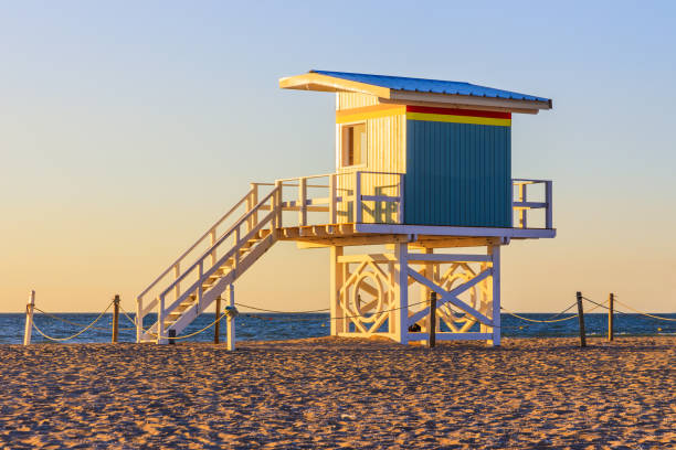 Deauville seaside resort. Beach and lifeguard house. Normandy, France.