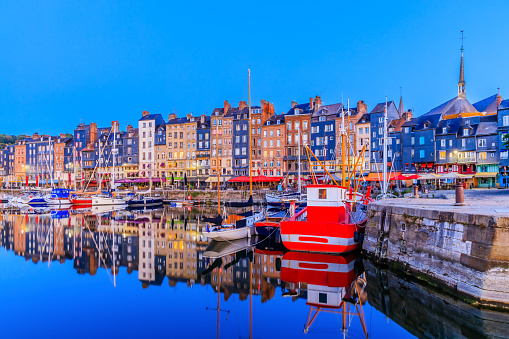 Honfleur, France. Vieux Bassin, old harbour in the heart of town.