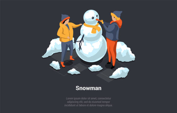 겨울 방학, 그리고 가족 크리스마스 휴가. 행복한 아이들은 눈사람을 만듭니다. 아이들은 함께 시간을 보내는 재미를 많이 가지고 있습니다. 겨울 활성 게임 및 엔터테인먼트. 아이소메트릭 3d � - snowman snowball men christmas stock illustrations