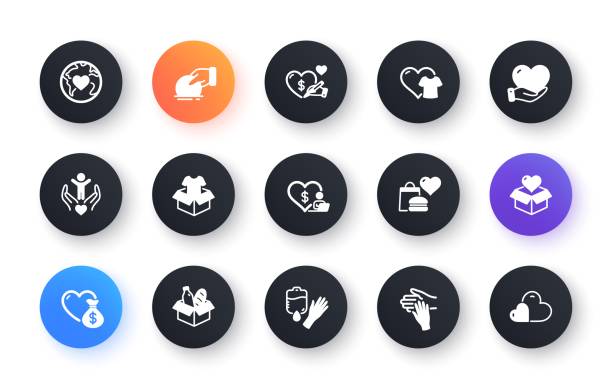 istock Donate and Charity icons. Volunteer help, Global hunger, Food box icons. Vector 1436431510