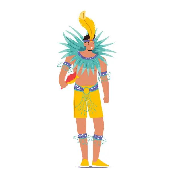 Vector illustration of Man Dancing at Carnival in Rio De Janeiro. Brazilian Samba Dancer Wearing Festival Costume with Multicolored Feathers