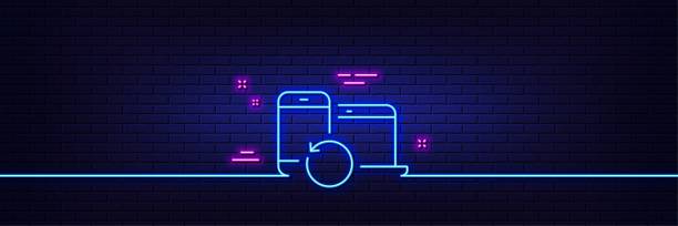 Recovery devices line icon. Backup data sign. Restore information. Neon light glow effect. Vector Neon light glow effect. Recovery devices line icon. Backup data sign. Restore information symbol. 3d line neon glow icon. Brick wall banner. Recovery devices outline. Vector background tile flash stock illustrations