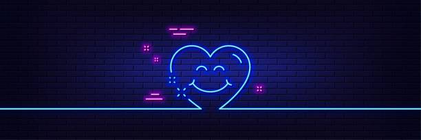 Smile face line icon. Happy emoticon chat sign. Heart face. Neon light glow effect. Vector Neon light glow effect. Smile face line icon. Happy emoticon chat sign. Heart face symbol. 3d line neon glow icon. Brick wall banner. Smile face outline. Vector background tile flash stock illustrations