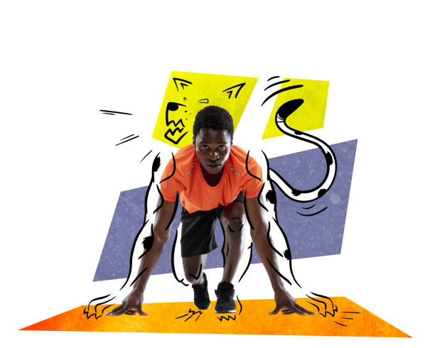 istock Contemporary art collage. Creative design. Young sportive man, running athlete training. Drawn tiger silhouette 1436439550