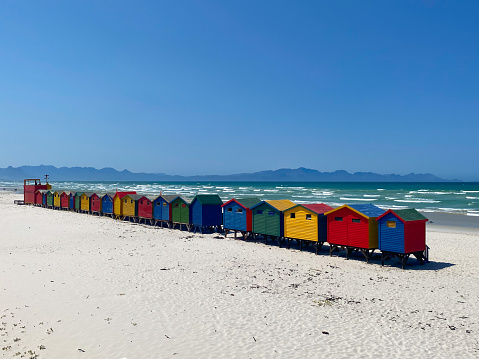 The coloured beach huts at Muizenberg beach, Cape Town, South Africa