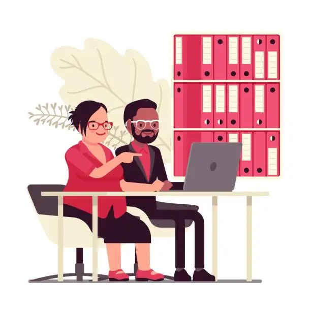 Vector illustration of Office room interior, man and woman in business workplace