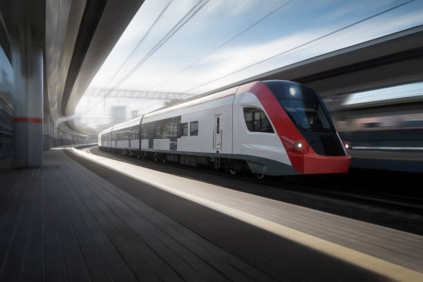 istock City train drive on railroad at the platform train station. Motion blur effect transportation background in sunny day 1436443742