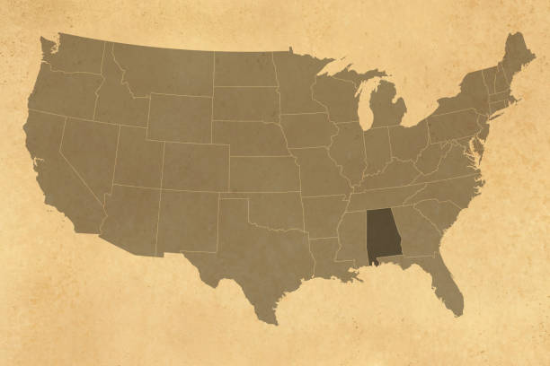 istock USA map series with state Alabama, old paper, borders 1436445258