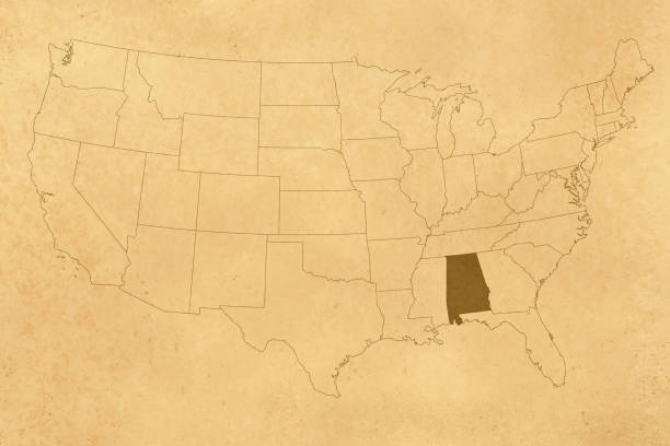 istock USA map series with state Alabama, old paper, borders only 1436445263