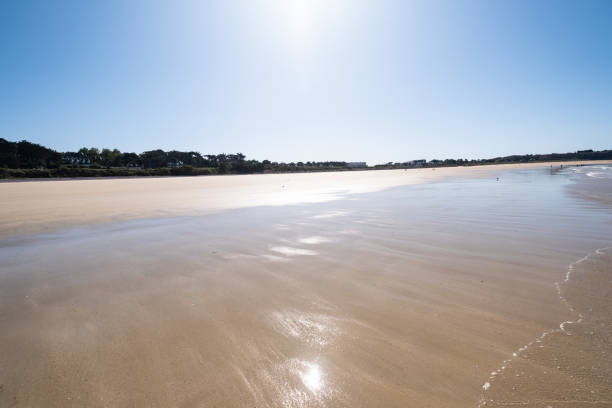 grande spiaggia di sabbia nella città di sables d'or les pins in bretagna con la bassa marea in estate - frehal foto e immagini stock