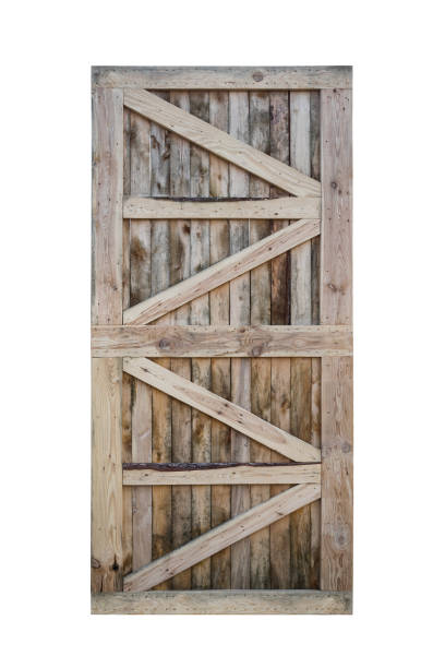 istock Old wooden rustic door isolated on white background 1436446853