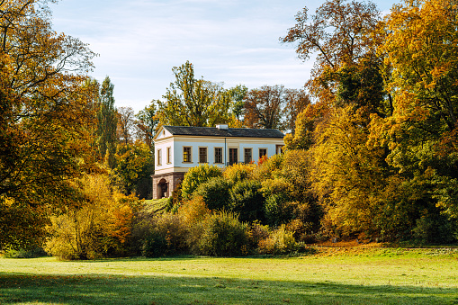View of the Goethe Park in Weimar with the Roman house in autumn, Weimar, Germany, UNESCO World Heritage Site