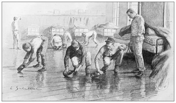 Antique image: Military training at Ecole de Sainte Maixent, polishing floor Antique image: Military training at Ecole de Sainte Maixent, polishing floor ecole stock illustrations