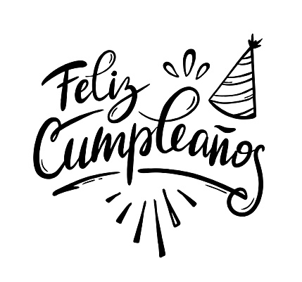 Happy birthday in Spain.  Lettering in Spanish with splashes and curls. Vector