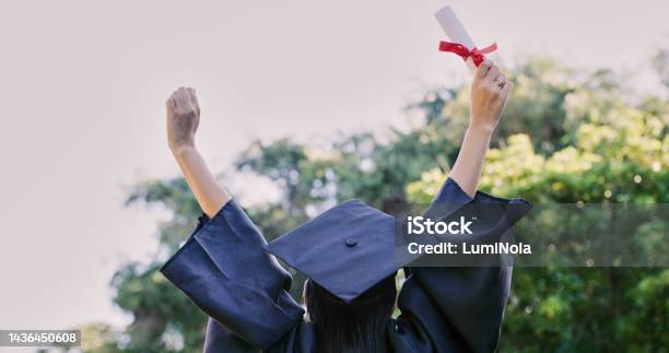 Graduation Education And Success With A Woman Student Holding A Diploma Or Certificate In Celebration Outdoor University Graduate And Study With A Female Pupil Cheering A College Achievement Stock Photo - Download Image Now