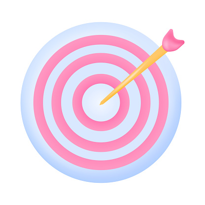 Arrow hitting bullseye or target 3D icon. Dart or arrow hitting center of pink and white target board or face 3D vector illustration on white background. Success, achievement, archery concept