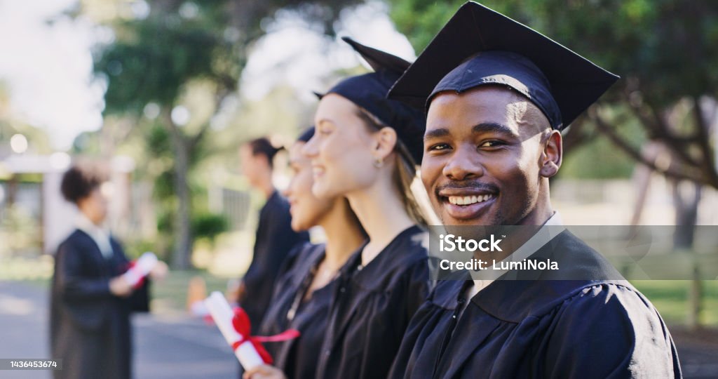Portrait university student, black man and graduation celebration, event and achievement of goals, education success and motivation. Happy, excited and smile african college graduate celebrate future Graduation Stock Photo