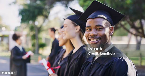 Portrait University Student Black Man And Graduation Celebration Event And Achievement Of Goals Education Success And Motivation Happy Excited And Smile African College Graduate Celebrate Future Stock Photo - Download Image Now