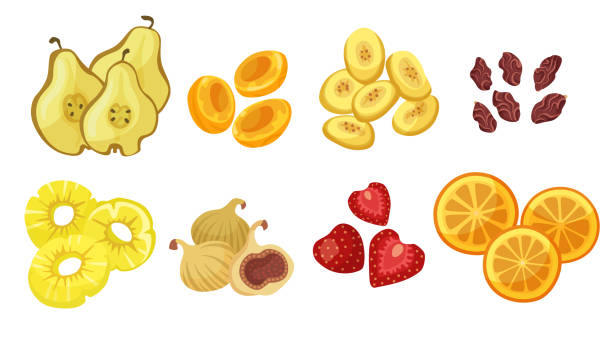 Various dried fruits cartoon illustration set Various dried fruits cartoon illustration set. Dried fig, apricot, pear, pineapple, apple, orange, strawberry, raisin and prune isolated on white background. Tropical fruit, food concept grape pruning stock illustrations
