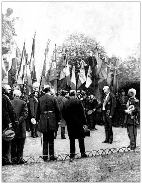 ilustraciones, imágenes clip art, dibujos animados e iconos de stock de imagen antigua: el presidente francés félix faure en el monumento a los combatientes de 1870-1871, saint etienne - president of france