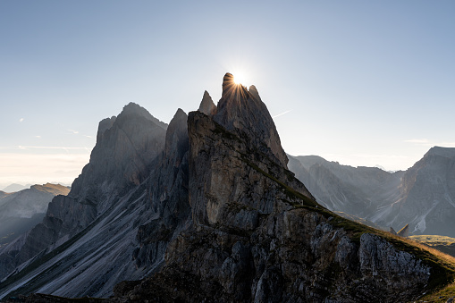 The Seceda ridgeline is one of the most unique and picturesque views of the Val Gardena and the entire Dolomites region. The sun  at sunrise and sunset creates dramatic scenes shaping the mountains in heir majestic glory.