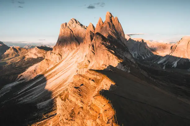 The Seceda ridgeline is one of the most unique and picturesque views of the Val Gardena and the entire Dolomites region. The sun  at sunrise and sunset creates dramatic scenes shaping the mountains in heir majestic glory.