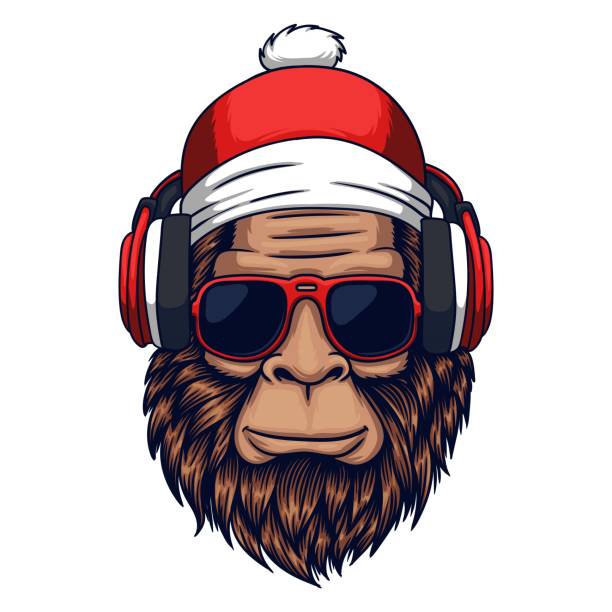 Bigfoot head season christmas wearing a headphone vector illustration Bigfoot head season christmas wearing a headphone vector illustration for your company or brand yeti cartoons stock illustrations