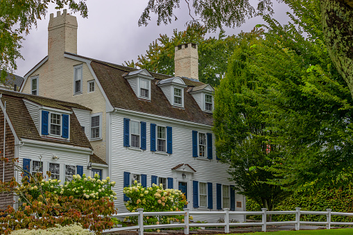Plymouth, Massachusetts, USA - September 12, 2022: Stately home next to Brewster Gardens.