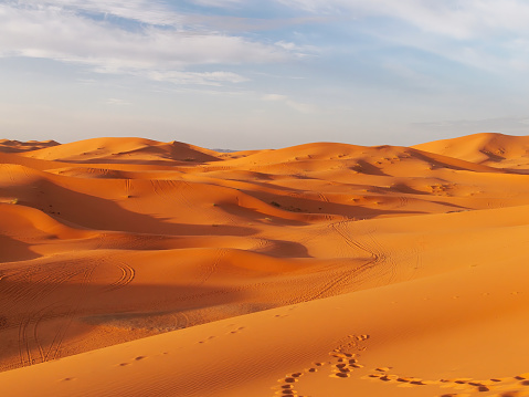 A view of the Sahara Desert in Morocco in late afternoon as sunset nears