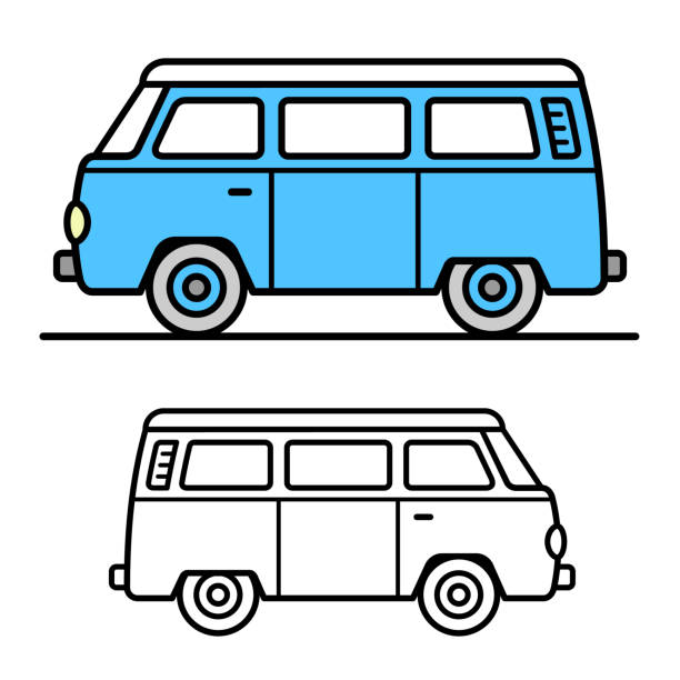 Vector illustration of a vintage van Vintage light blue van with bold black outlines for transportation, camping or van life - vector illustration minivan stock illustrations