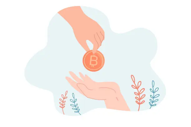 Vector illustration of One hand giving bitcoin to another hand