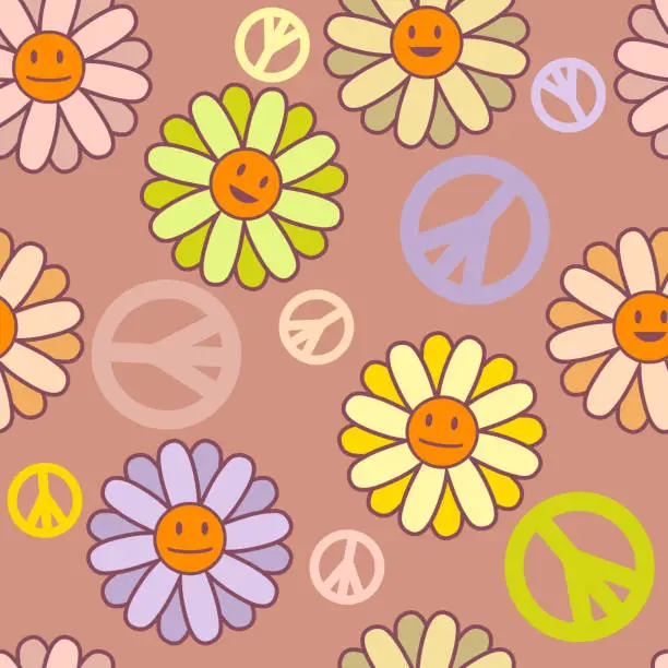 Vector illustration of Positive seamless pattern with symbol of peace and smiling flowers. Vintage print for T-shirt, textile and fabric. Hand drawn vector illustration for decor and design.