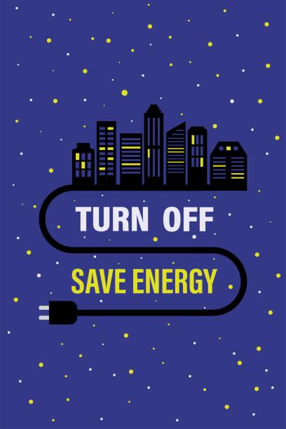 Turn off - save energy, concept. Dark buildings with lights. Motivational banner, saving electricity resources, caring for environment. Printable vertical poster. Night city view. Turn off - save energy, concept. Dark buildings with lights. Motivational banner, saving electricity resources, caring for environment. Printable vertical poster. Night city view. Vector illustration electric plug dark stock illustrations