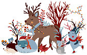 Winter composition with cute rabbit in a scarf on skates, deer, sleeping wolf, hedgehog, leaves, tree and other. Winter funny animal. Perfect for greeting cards, poster, postcard, banner.
