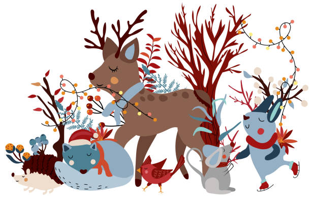 Winter composition with cute rabbit in a scarf on skates, deer, sleeping wolf, hedgehog, leaves, tree and other. Winter funny animal. Perfect for greeting cards, poster, postcard, banner. Winter composition with cute rabbit in a scarf on skates, deer, sleeping wolf, hedgehog, leaves, tree and other. Winter funny animal. Perfect for greeting cards, poster, postcard, banner. magic mouse stock illustrations