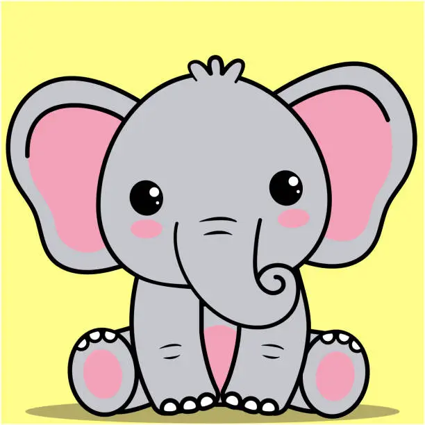 Vector illustration of Cute Baby Elephant, Kawaii Baby Elephant sitting