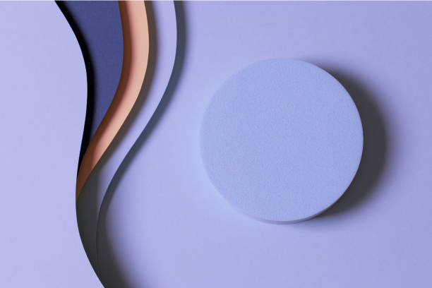 istock Blank round geometric shape light blue podium platform on paper cut abstract minimal geometric shape blue, pastel pink, purple colors color background. Top view mock up for product display 1436463543