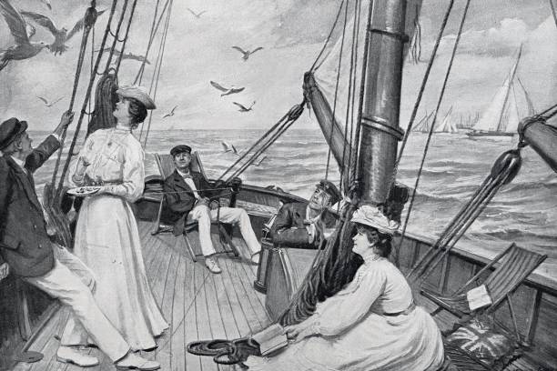 istock Traveling on a yacht, couples relaxing on deck looking for the hungry seagulls 1436463617