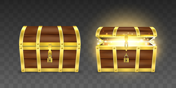 Vector 3d Realistic Wooden Chest with Opened and Closed Lid and Padlock. Pirate Treasure Box with Magic Glow Inside. Old Wood Trunk with Golden Fetter. Empty Vintage Coffer Isolated.