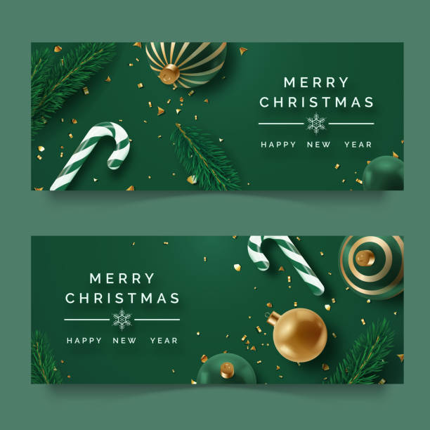 Two horizontal Christmas banners with realistic decor. Christmas balls, candies, fir brunches and confetti on dark green background Two horizontal Christmas banners with realistic decor. Christmas balls, candies, fir brunches and confetti on dark green background. New year posters traditional christmas stock illustrations