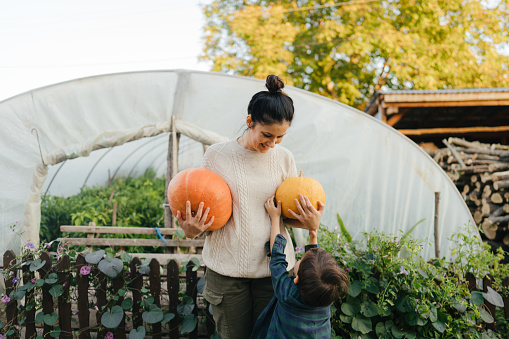 Photo of a young mother and her son holding pumpkins that they just picked from their greenhouse.