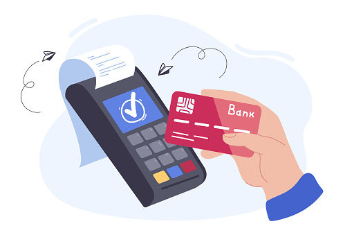 Hand holding credit or debit card under POS terminal. Electronic terminal giving out receipt flat vector illustration. Customer or buyer making purchase. RFID, contactless or wireless payment concept