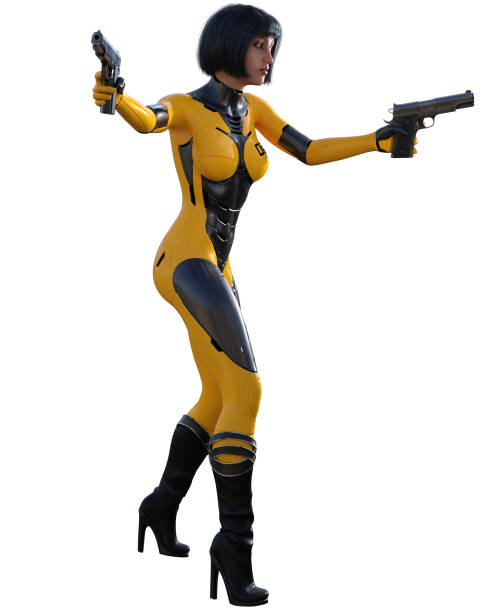 istock futuristic soldier in a black and yellow suit, armed with guns, 3d rendering 1436471808