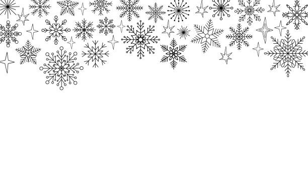 Snowflakes festive Christmas horizontal border template vector illustration, New Year holiday celebration background with copy space for text, card, poster, banner design Snowflakes festive Christmas horizontal border template vector illustration, New Year holiday celebration background with copy space for text, card, poster, banner design snowflake shape borders stock illustrations